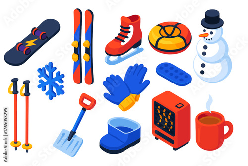 Winter Sports Icons. Isometric vector illustration set winter sports and fun: park snowboard, carving skis, beginner skates,