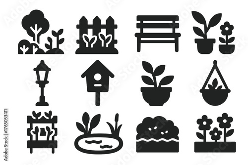 Outdoor Gardening Icons. Solid style icons of Outdoor gardening: backyard garden, fence with plants, garden bench, patio plants,