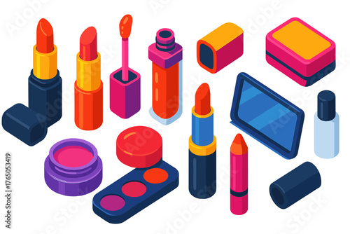 Vibrant Makeup Icons. Isometric vector illustration set Makeup Essentials and Accessories: lipstick tube, liquid lipstick, matte