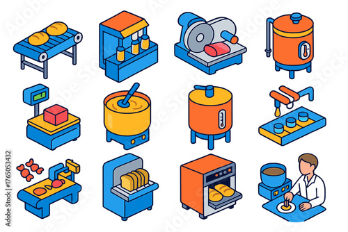 Food Manufacturing Machinery. Isometric vector illustration set Food Manufacturing Equipment: conveyor with baked goods, bottling