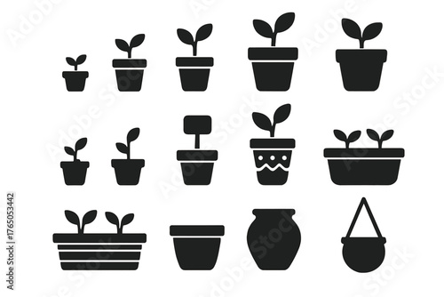 Potted Plants Icons. Solid style icons of Potted growth: small pot, medium pot, large pot, seedling in pot, plant label,