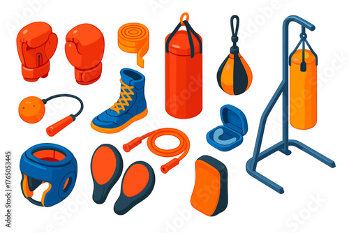 Boxing Gear Icons. Isometric vector illustration set Fitness and Workout Essentials: boxing gloves, hand wraps, punching bag,