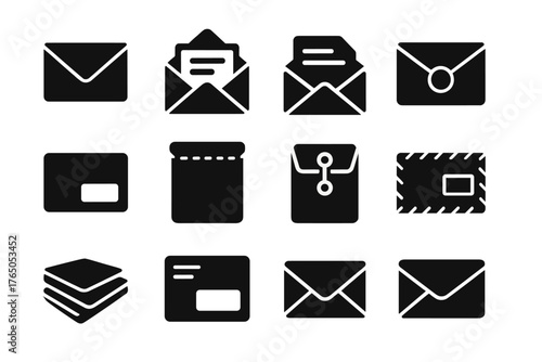 Mail Envelope Icons. Solid style icons of mail envelopes: closed envelope, open envelope, letter sliding out, wax-sealed envelope,
