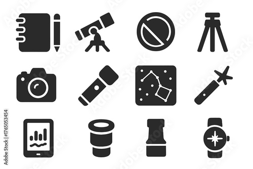 Astronomy Tool Icons. Solid style icons of Astronomer tools and equipment: notebook, pencil, telescope mount, lens cap, tripod,