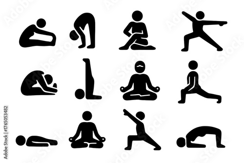 Yoga Pose Icons. Solid style icons of Yoga movements: stretching, bending, twisting, balancing, folding, inverting, breathing,