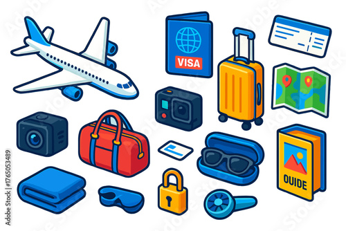 Air Travel Icons. Isometric vector illustration set Air Travel Essentials: jet airliner, passport with visa, spinner suitcase,