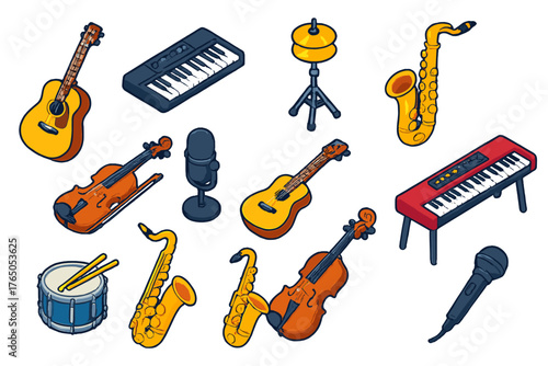 Vibrant Music Instruments. Isometric vector illustration set music instruments: dreadnought acoustic guitar, compact digital piano