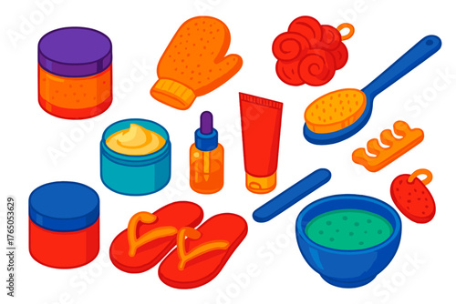 Wellness Essentials Icons. Isometric vector illustration set Wellness, Relaxation, and Beauty Essentials: body scrub jar,