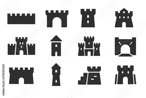 Fortress Icons Collection. Solid style icons of fortresses: fortified wall, fortress gate, defensive tower, bastion, stronghold,