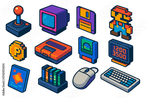 Retro Gaming Icons. Isometric vector illustration set Gaming: retro joystick, CRT monitor, floppy disk, 8-bit character, pixel
