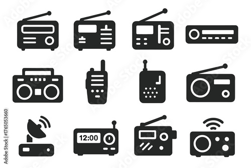 Variety of Radio Icons. Solid style icons of radio devices: retro radio, portable radio, digital radio, car radio, boombox, walkie