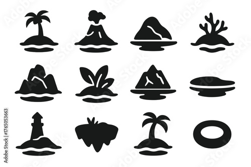 Iconic Island Styles. Solid style icons of islands: tropical island, volcanic island, desert island, coral island, rocky island,