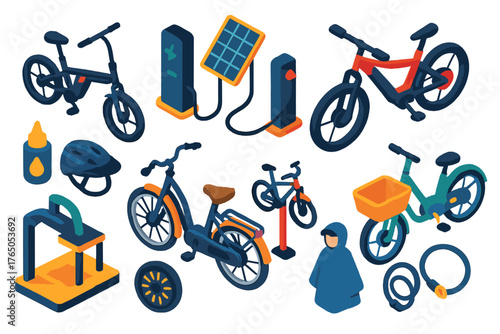 Electric Bike Essentials. Isometric vector illustration set electric bicycle: folding commuter e-bike, sport e-bike, vintage-style