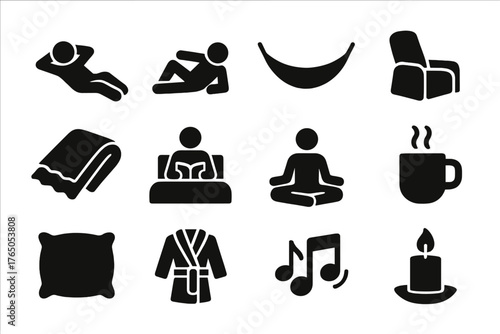 Relaxation Icons Collection. Solid style icons of Relaxation: person resting, lounging figure, hammock, recliner chair, cozy