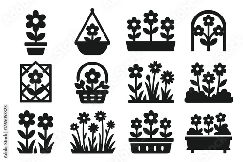Garden Flower Icons. Solid style icons of Garden flowers: potted flower, hanging flower pot, flowerbed, floral arch, garden