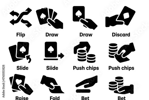 Iconic Action Movements. Solid style icons of Action and movement: shuffle, deal, draw, discard, flip, slide, stack chips, push