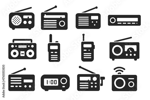 Variety of Radio Icons. Solid style icons of radio devices: retro radio, portable radio, digital radio, car radio, boombox, walkie