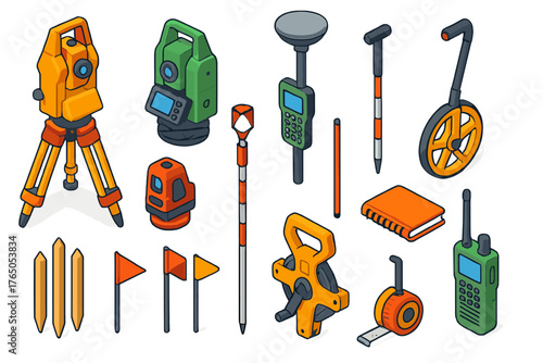 Survey Equipment Icons. Isometric vector illustration set Construction: surveyor tripod, total station, GPS survey device,