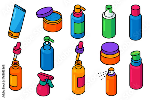 Vibrant Haircare Icons. Isometric vector illustration set Hairdressing and Grooming Tools: styling gel, hair wax, pomade, hair