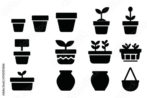 Potted Plants Icons. Solid style icons of Potted growth: small pot, medium pot, large pot, seedling in pot, plant label,