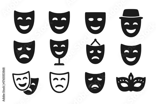 Drama Masks Collection. Solid style icons of Drama masks: comedy mask, tragedy mask, neutral mask, smiling mask, frowning mask,