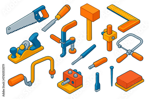 Bold Carpentry Tools. Isometric vector illustration set Carpentry Tools: hand saw, wood chisel, mallet, carpenter square, block