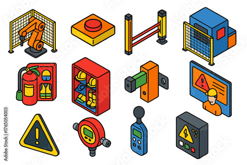 Industrial Safety Icons. Isometric vector illustration set Industrial Safety Automation: robotic arm with safety guard, emergency