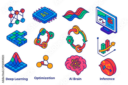 Quantum AI Illustrations. Isometric vector illustration set Quantum-inspired AI: neural network with qubit nodes, AI chip with