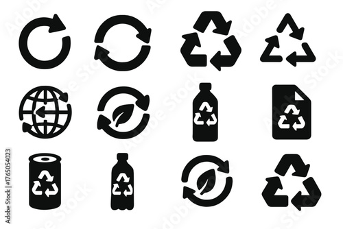 Recycling Arrows Icons. Solid style icons of Recycling arrows: clockwise arrows, circular loop, triangular arrows, three arrows