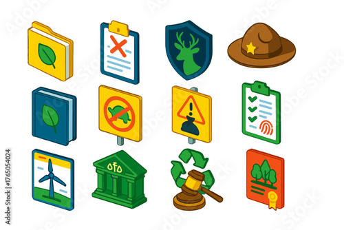 Environmental Justice Icons. Isometric vector illustration set Law and Justice: environmental law file, pollution fine notice,