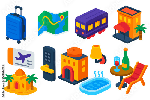 Travel and Hospitality Icons. Isometric vector illustration set Travel and Hospitality: expandable suitcase, folded map, airline