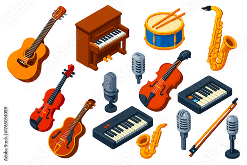 Vibrant Instrument Icons. Isometric vector illustration set music instruments: twelve-string guitar, upright piano, snare drum