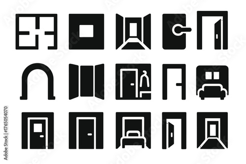 Solid Interior Icons. Solid style icons of Rooms and interiors: room layout, interior walls, hallway, door frame, door knob,