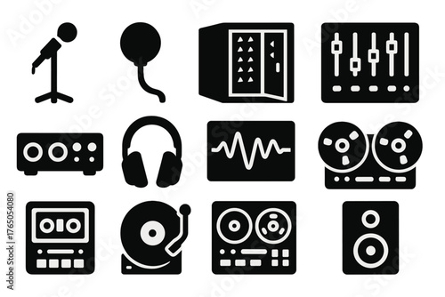Recording Tools Icons. Solid style icons of recording tools: microphone stand, pop filter, soundproof booth, mixing console, audio