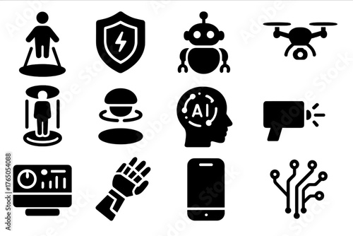Futuristic Technology Icons. Solid style icons of Future technology: hologram, energy shield, robot companion, flying drone,
