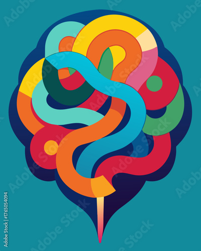 A colorful graphic design of a brain with the pathways organized in twisted and distorted shapes symbolizing the impact of cognitive distortions.. Vector illustration
