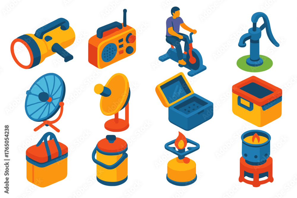 Fototapeta premium Sustainable Energy Icons. Isometric vector illustration set Energy and Sustainability: wind-up flashlight, hand-crank radio, pedal