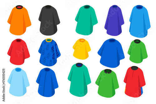 Hairdressing Tools Icons. Isometric vector illustration set Hairdressing and Grooming Tools: styling cape, cutting cape,