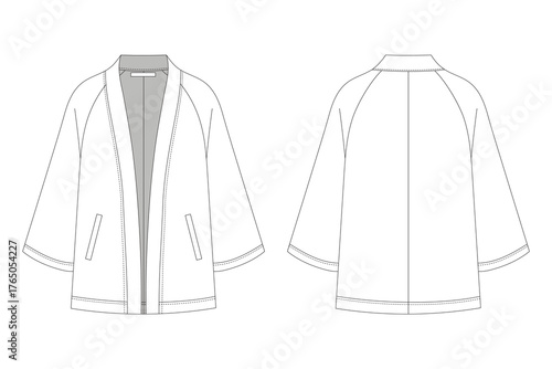 Front and back view of a white kimono jacket, vector illustration