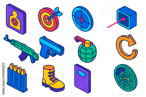 Gaming Icon Set. Isometric vector illustration set Gaming: shooting target, bullseye, crosshair, laser sight, assault rifle,