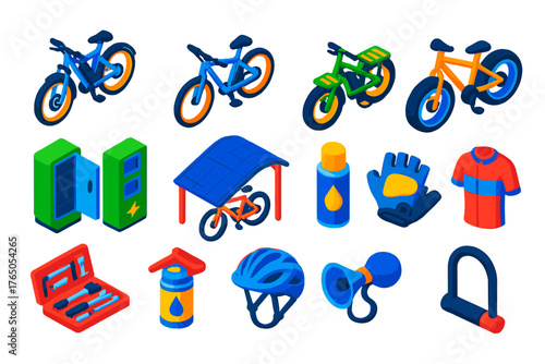 Electric Bicycle Icons. Isometric vector illustration set electric bicycle: dual battery e-bike, high-speed commuter e-bike,