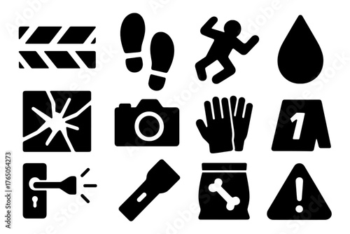 Crime Scene Icons. Solid style icons of Crime scene: police tape, footprint, chalk outline, blood drop, broken window, camera,