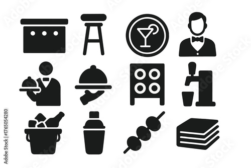 Bar Elements Icons. Solid style icons of bar elements: bar counter, bar stool, neon sign, bartender, serving tray, cocktail menu,