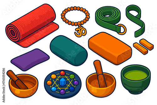 Yoga Essentials Icons. Isometric vector illustration set Yoga and Mindfulness Essentials: thick yoga mat, OM charm bracelet,