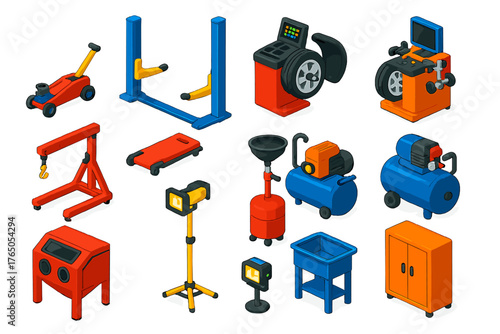 Mechanical Workshop Icons. Isometric vector illustration set Mechanical Workshop Equipment: hydraulic jack, car lift, tire