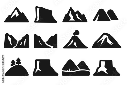Mountain Icon Collection. Solid style icons of mountains: snowy peak, rocky cliff, sharp ridge, twin peaks, canyon wall, valley