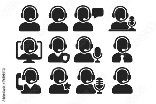 Communication Icons. Solid style icons of communication with headphones: call center headset, gamer chatting, podcast host, video