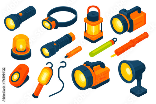 Safety Lights Collection. Isometric vector illustration set Safety and Warning: handheld flashlight, headlamp, lantern,