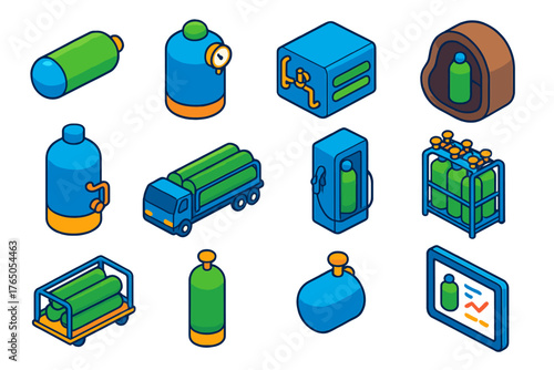 Hydrogen Storage Icons. Isometric vector illustration set Hydrogen Storage Solutions: compressed hydrogen tank, liquid hydrogen