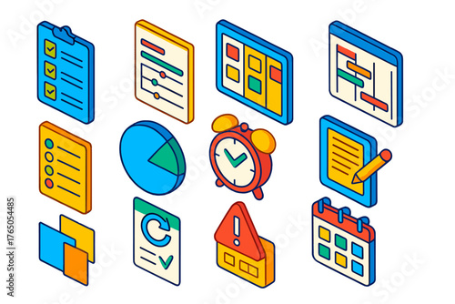 Productivity App Icons. Isometric vector illustration set Productivity and Workflow Apps: to-do list, project timeline, Kanban